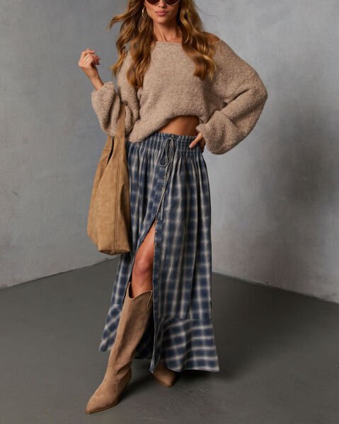 NAVY-STONE-PLAID SKIRT