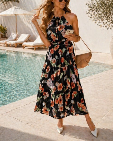 BLACK-FLORAL DRESS M - BLACK-FLORAL