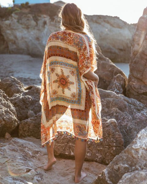 ECRU-BROWN-FLORAL KİMONO