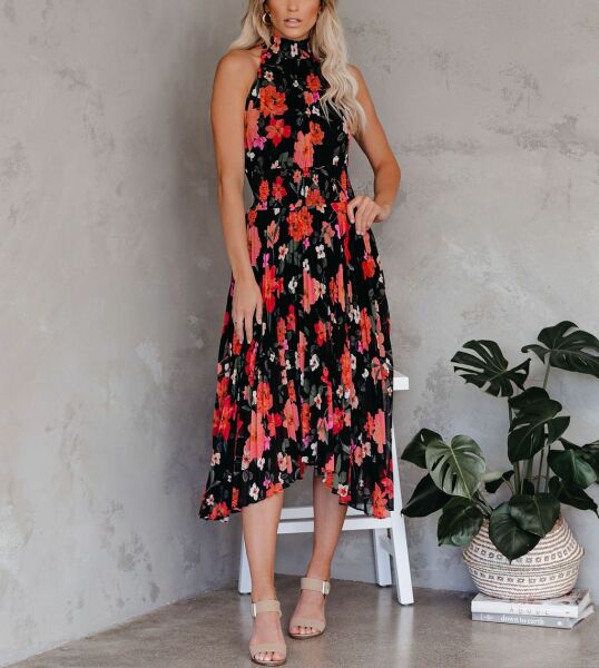 BLACK-RED-FLORAL DRESS L - BLACK-RED-FLORAL