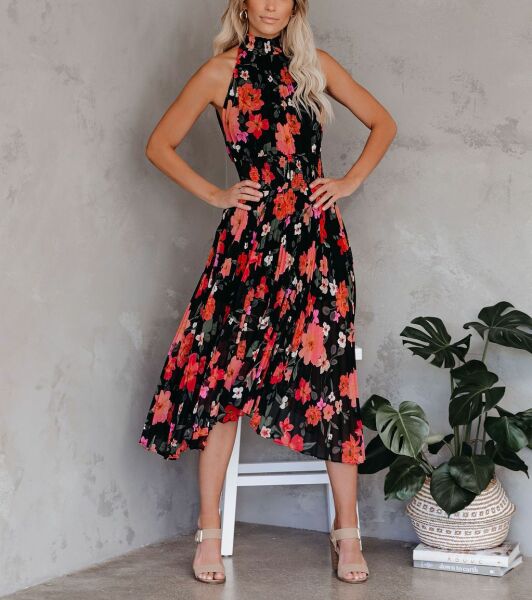 BLACK-RED-FLORAL DRESS L - BLACK-RED-FLORAL