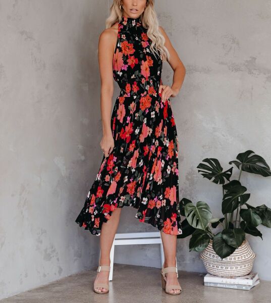 BLACK-RED-FLORAL DRESS L - BLACK-RED-FLORAL