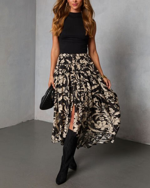 BLACK-ECRU-FLORAL SKIRT