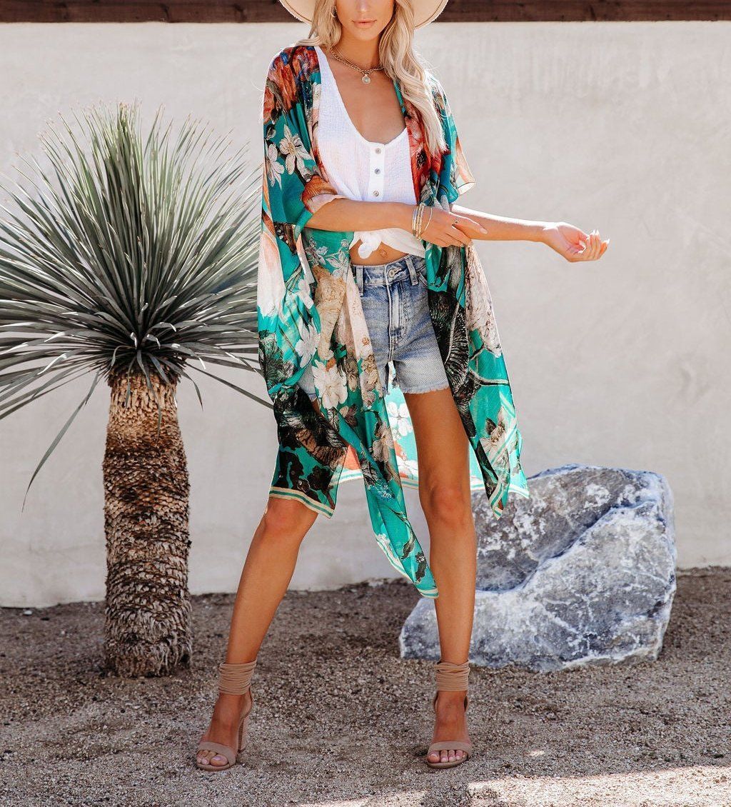 GREEN-PRINTED KIMONO