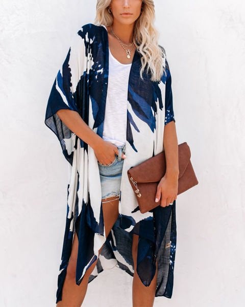 NAVY-WHITE-PRINTED KİMONO