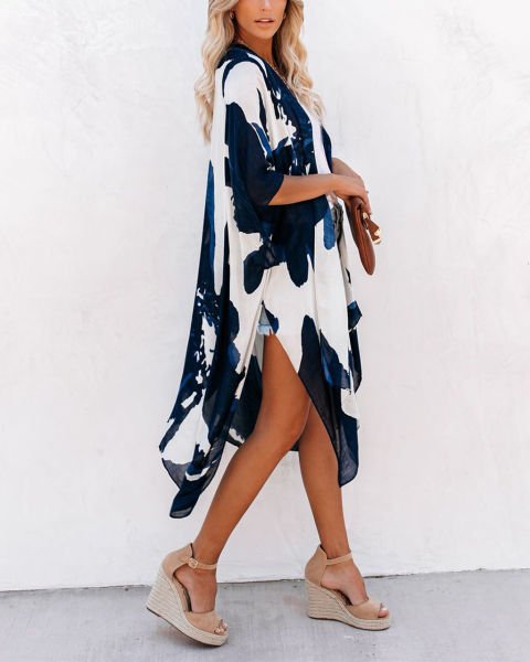 NAVY-WHITE-PRINTED KİMONO