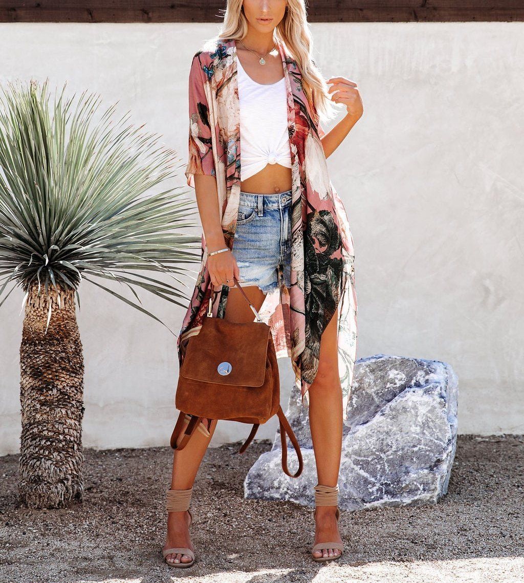 BROWN-ECRU-PRINTED KİMONO