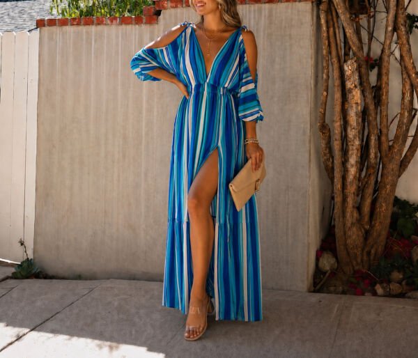 ECRU-BLUE-STRIPED DRESS S - ECRU-BLUE-STRIPED