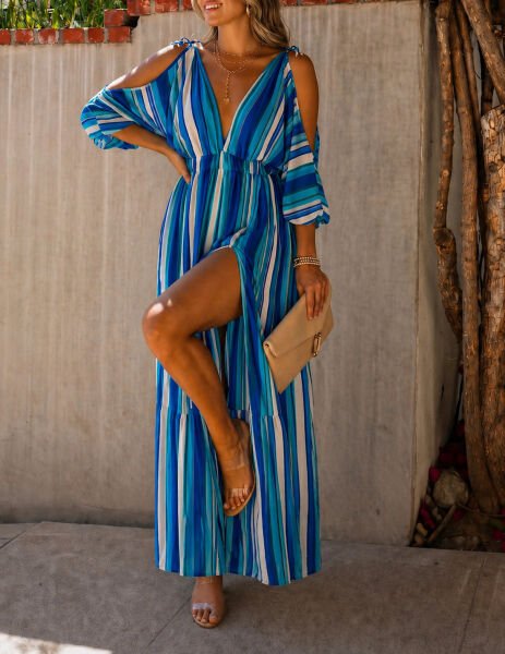 ECRU-BLUE-STRIPED DRESS S - ECRU-BLUE-STRIPED