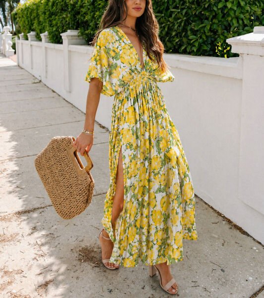 ECRU-YELLOW-FLORAL DRESS S - ECRU-YELLOW-FLORAL