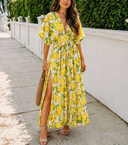 ECRU-YELLOW-FLORAL DRESS L - ECRU-YELLOW-FLORAL