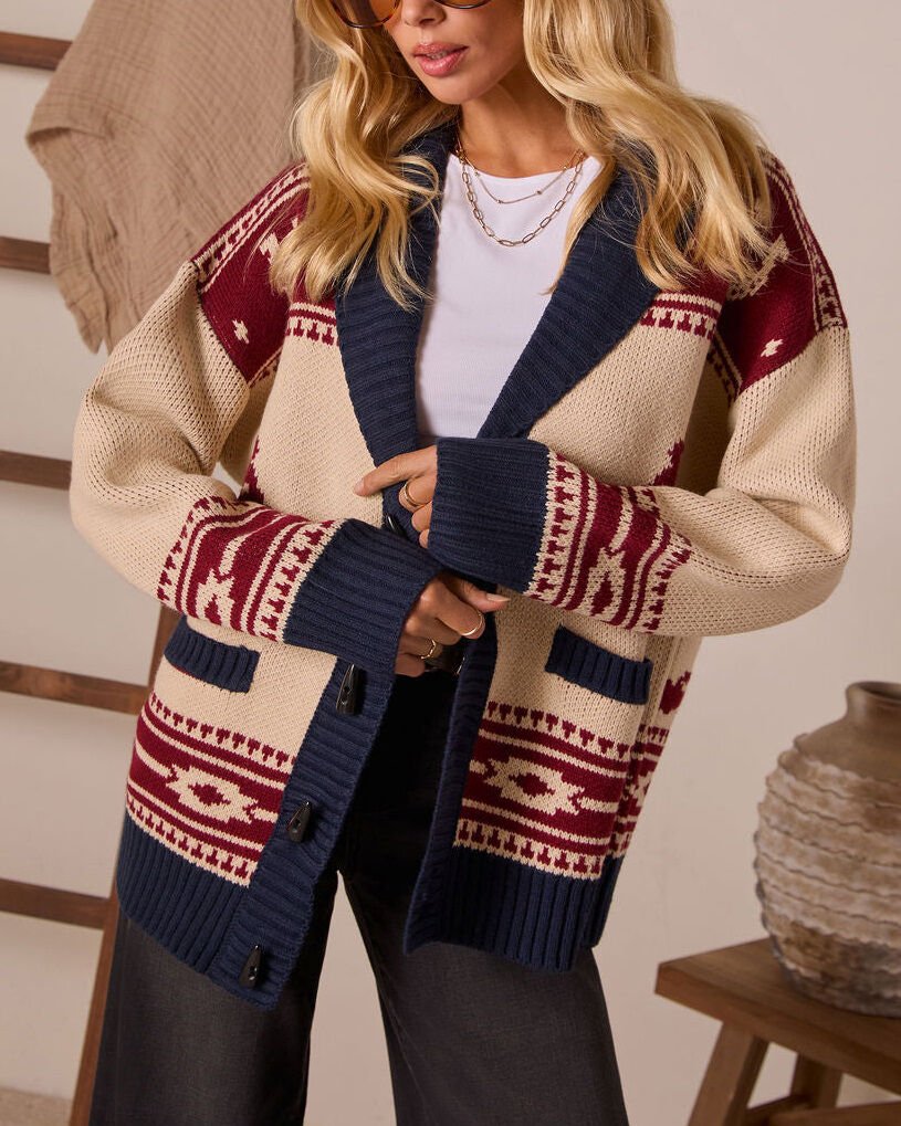 NAVY-STONE-RED CARDIGAN