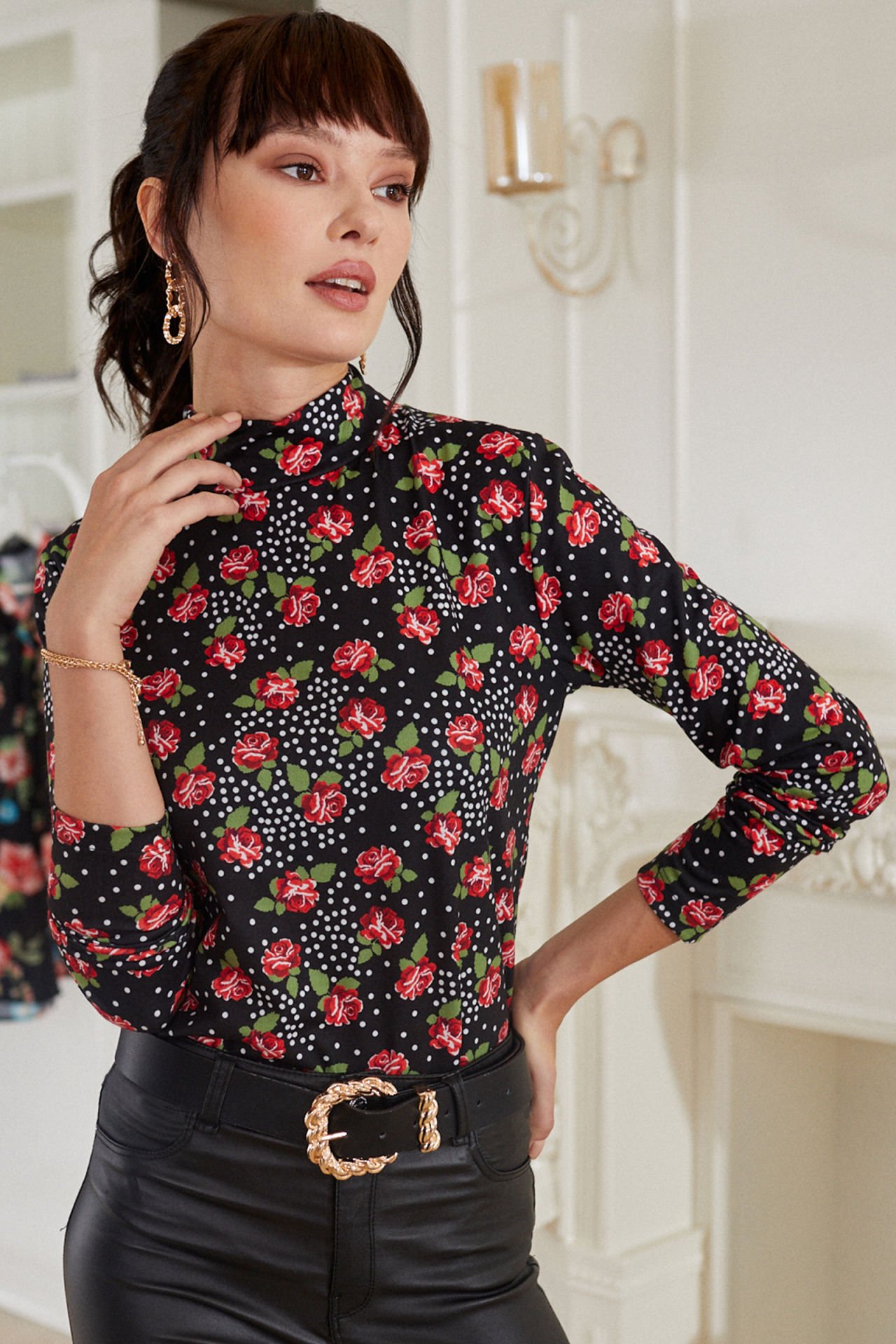 Blouse Black-Red-Floral Nd9243