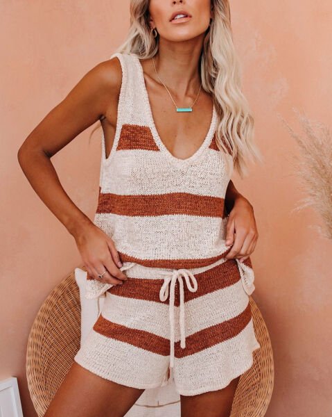 CREAM-TILE-STRIPED TANK-TOP-SHORT-SET