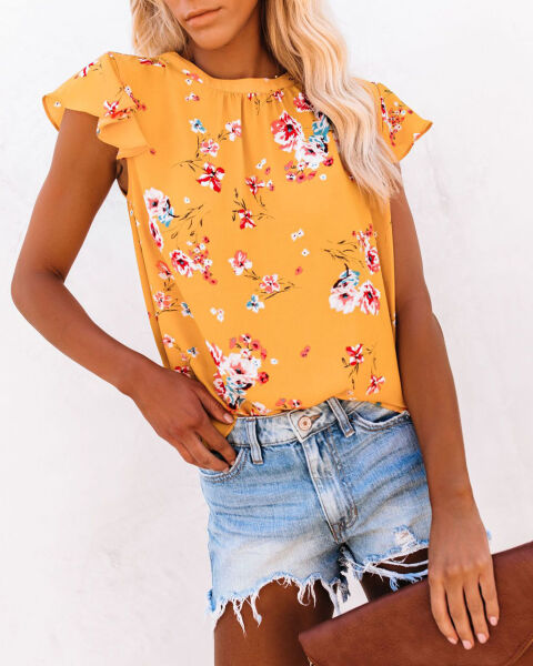YELLOW-FLORAL BLOUSE S - YELLOW-FLORAL