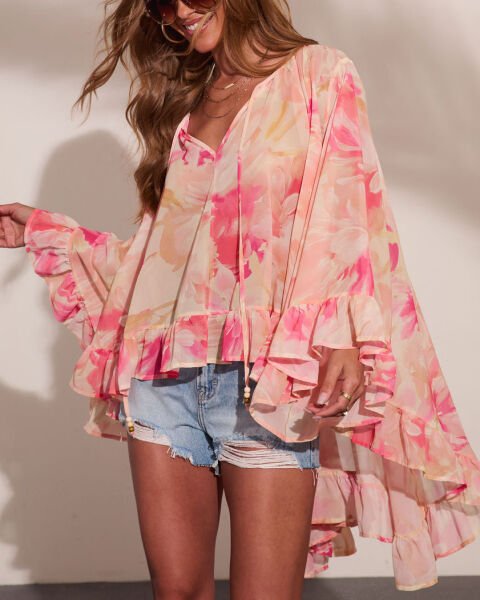 CREAM-PINK-FLORAL TUNIC-TOP