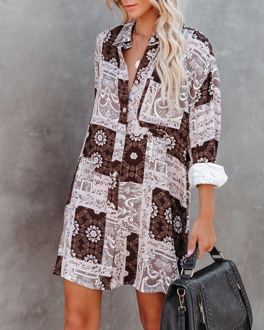BROWN-ECRU-PATCHWORK-DRESS