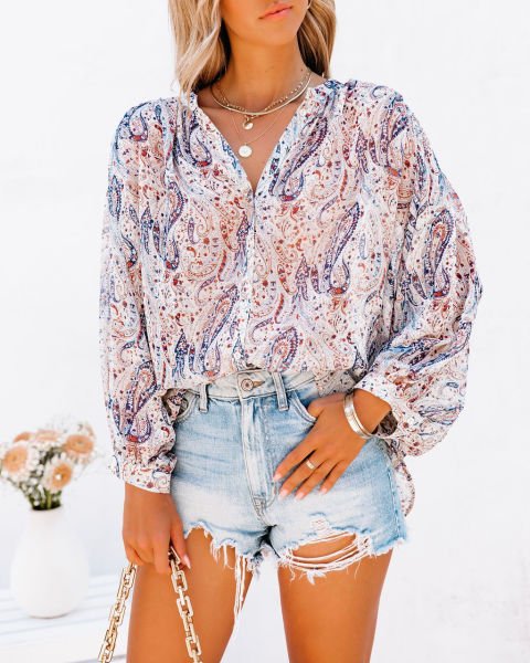 ECRU-NAVY-PATTERNED BLUZ