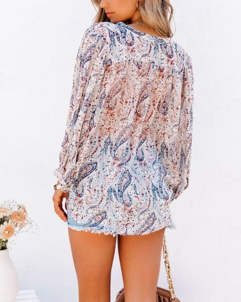 ECRU-NAVY-PATTERNED BLUZ