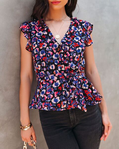 BLACK-BLUE-FLORAL BLOUSE XL - BLACK-BLUE-FLORAL