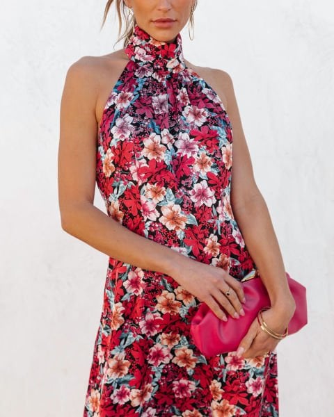 BLACK-RED-FLORAL ELBİSE