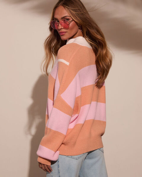 PINK-SALMON-STRIPED SWEATER M - PINK-SALMON-STRIPED