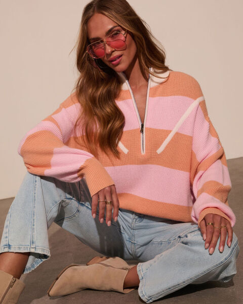PINK-SALMON-STRIPED SWEATER XL - PINK-SALMON-STRIPED