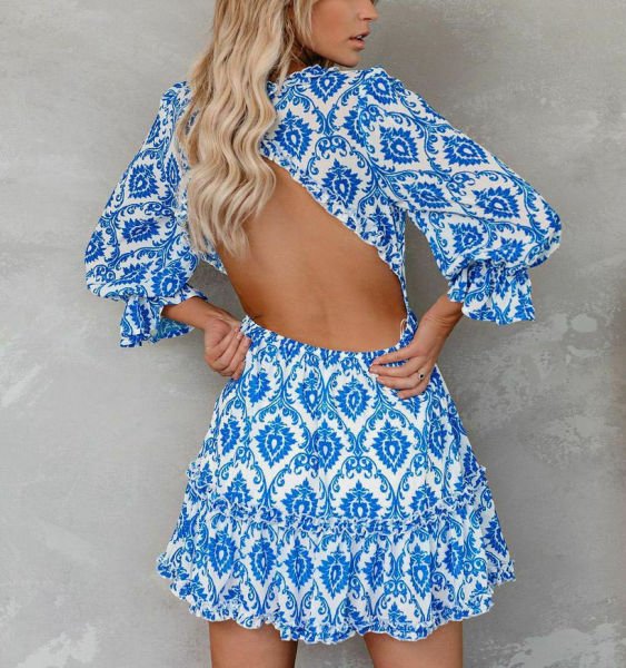 BLUE-ECRU-PRINTED ELBİSE