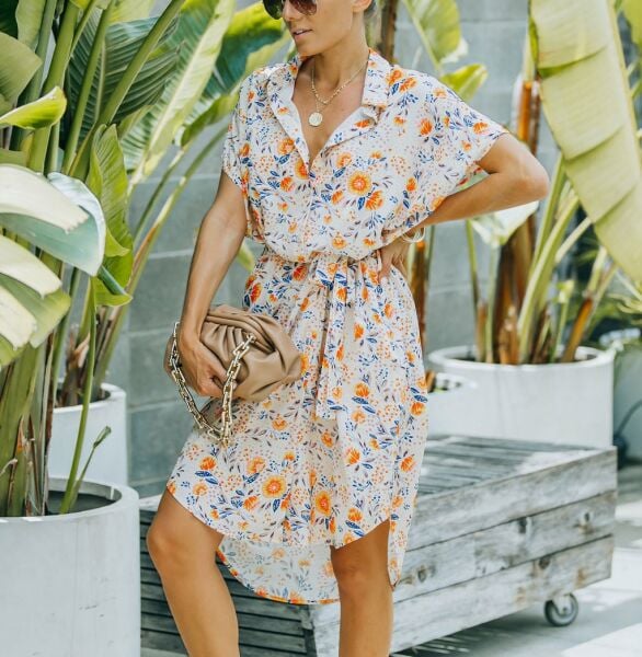 ECRU-ORANGE-FLORAL DRESS S - ECRU-ORANGE-FLORAL