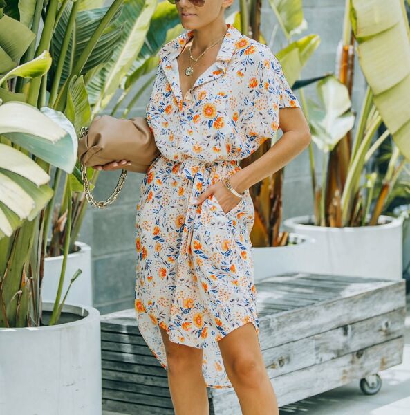 ECRU-ORANGE-FLORAL DRESS S - ECRU-ORANGE-FLORAL