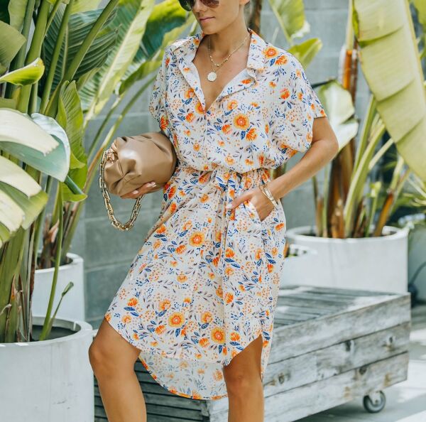 ECRU-ORANGE-FLORAL DRESS S - ECRU-ORANGE-FLORAL