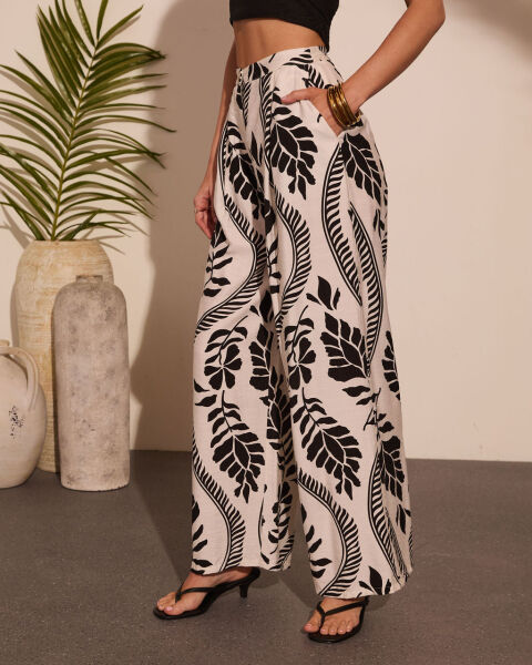 ECRU-BLACK-PRINTED PANTS M - ECRU-BLACK-PRINTED