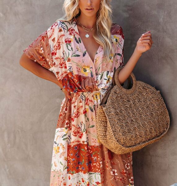 PINK-ECRU-PATCHWORK DRESS S - PINK-ECRU-PATCHWORK