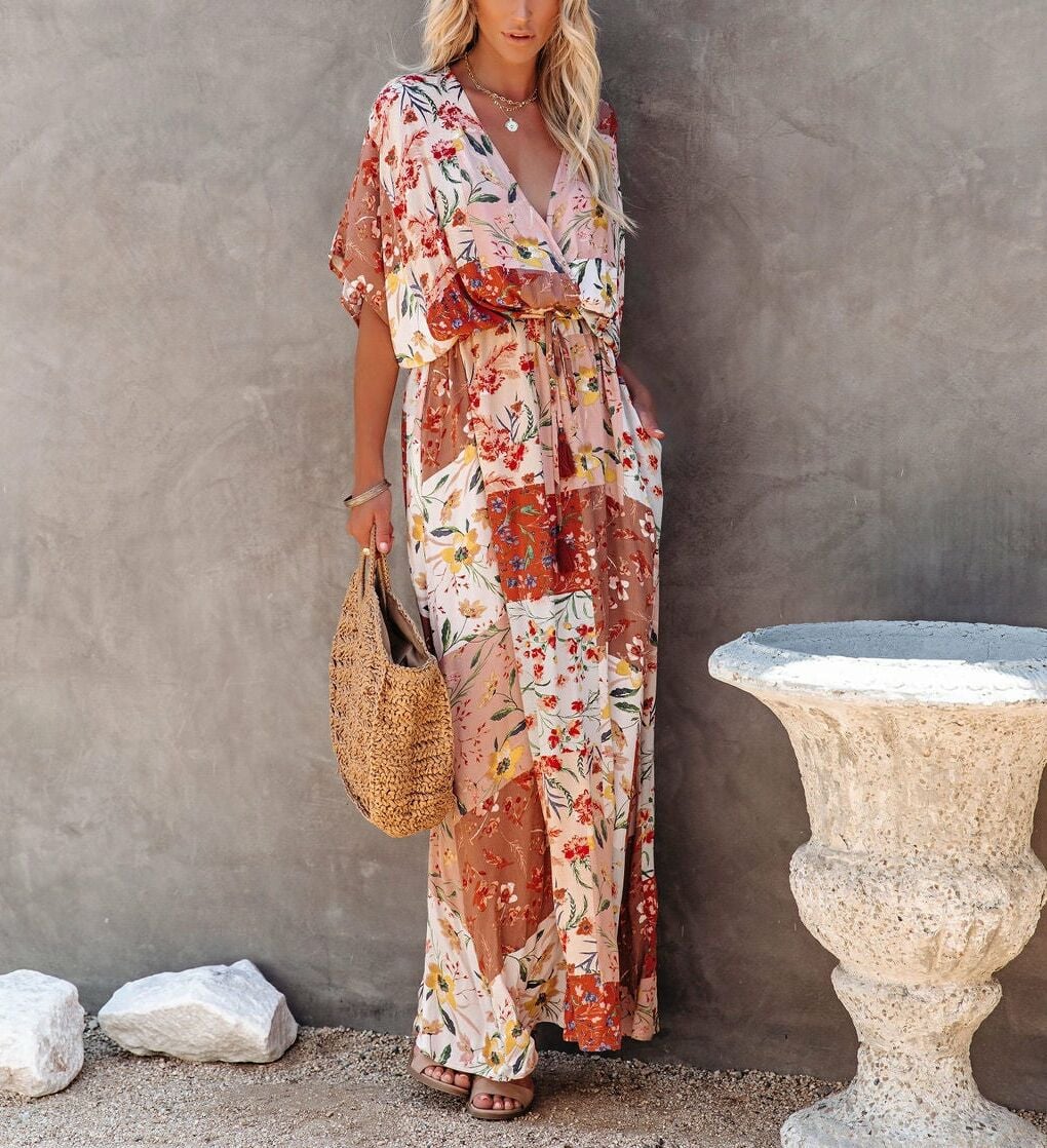 PINK-ECRU-PATCHWORK DRESS S - PINK-ECRU-PATCHWORK