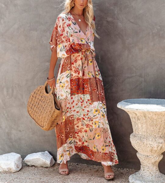 PINK-ECRU-PATCHWORK DRESS S - PINK-ECRU-PATCHWORK