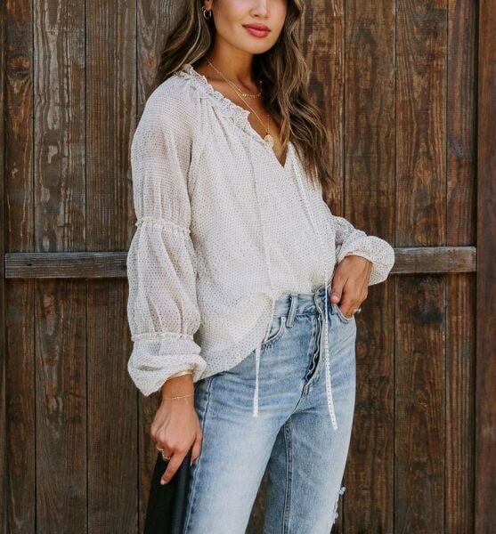 ECRU-BLACK-POLKA-DOT BLOUSE