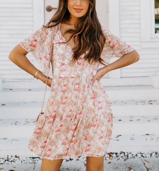 ECRU-PINK-FLORAL DRESS L - ECRU-PINK-FLORAL