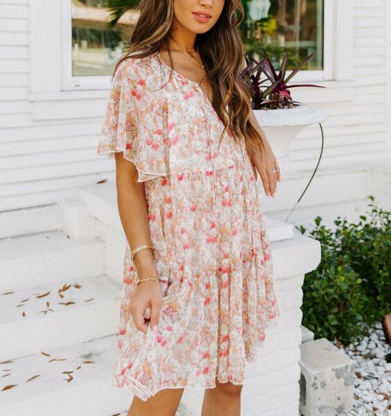 ECRU-PINK-FLORAL DRESS XL - ECRU-PINK-FLORAL