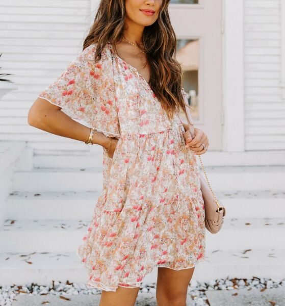 ECRU-PINK-FLORAL DRESS XL - ECRU-PINK-FLORAL