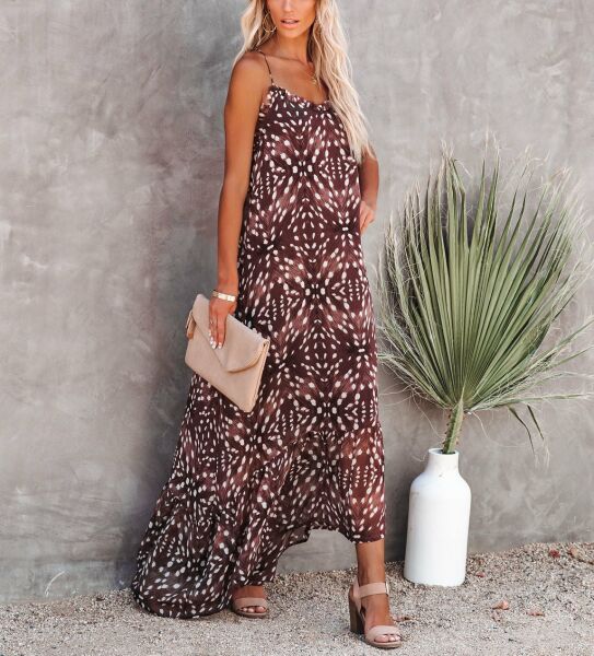 BROWN-ECRU-BATIK DRESS L - BROWN-ECRU-BATIK