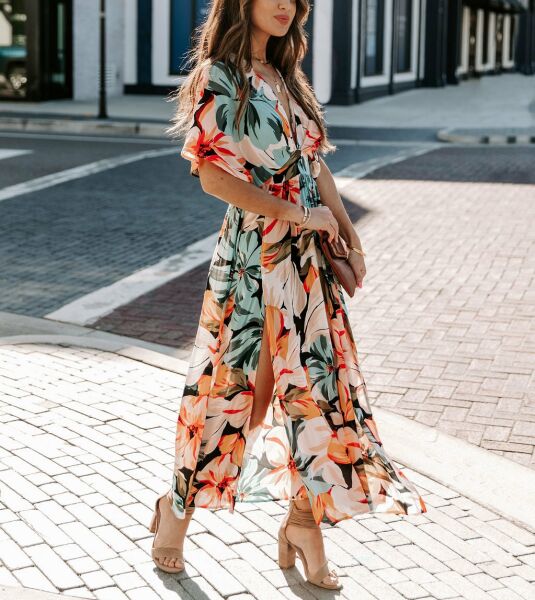 BLACK-SALMON-FLORAL DRESS XL - BLACK-SALMON-FLORAL