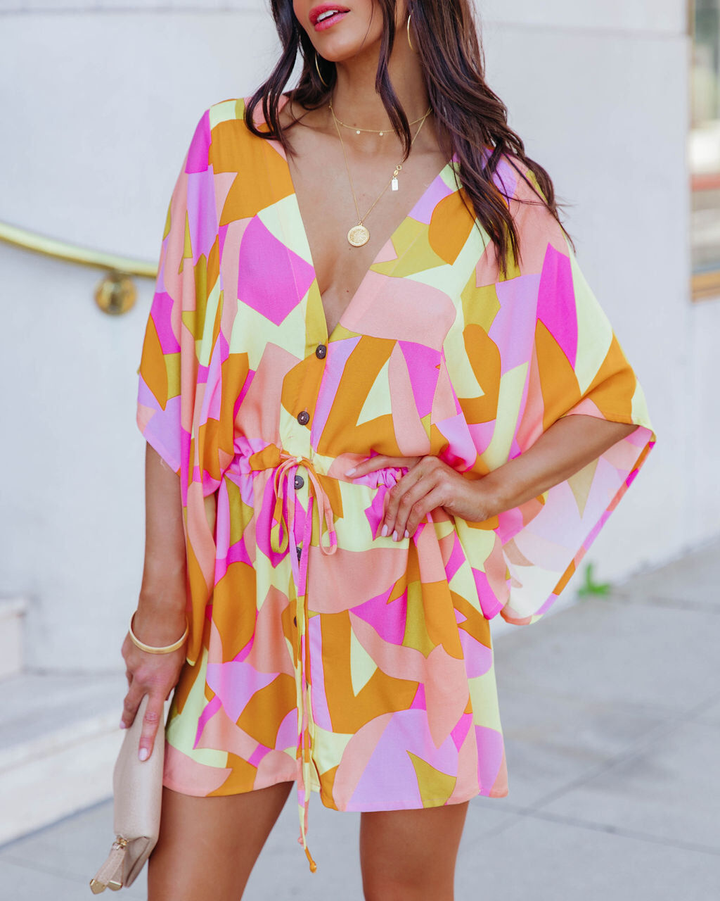 PINK-YELLOW-FLORAL DRESS L - PINK-YELLOW-FLORAL