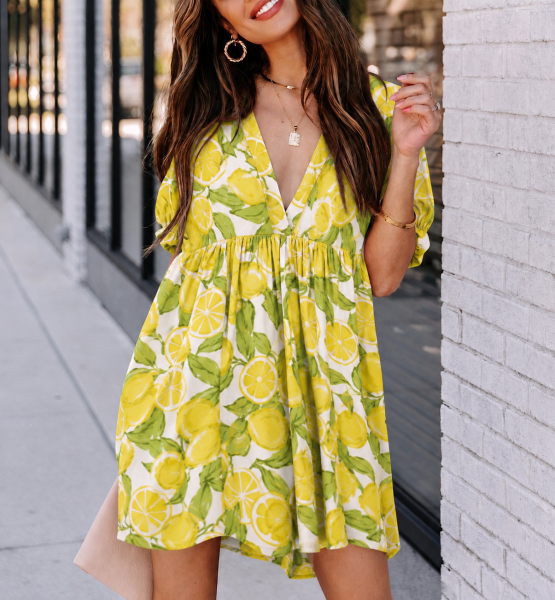 ECRU-LEMON-PRINTED DRESS