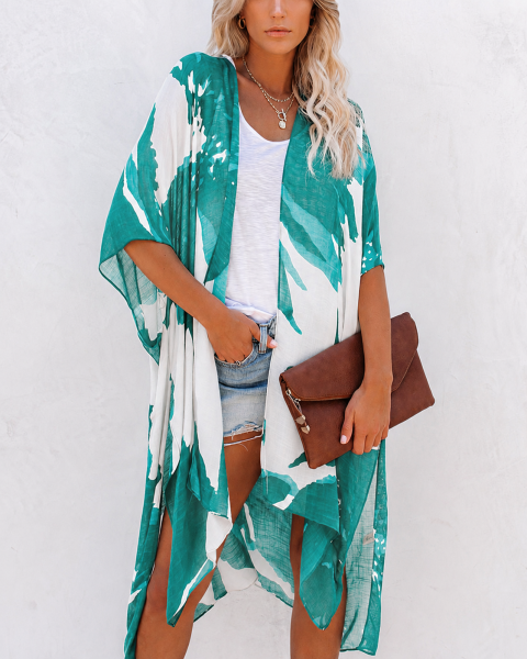 GREEN-WHITE-PRINTED KIMONO