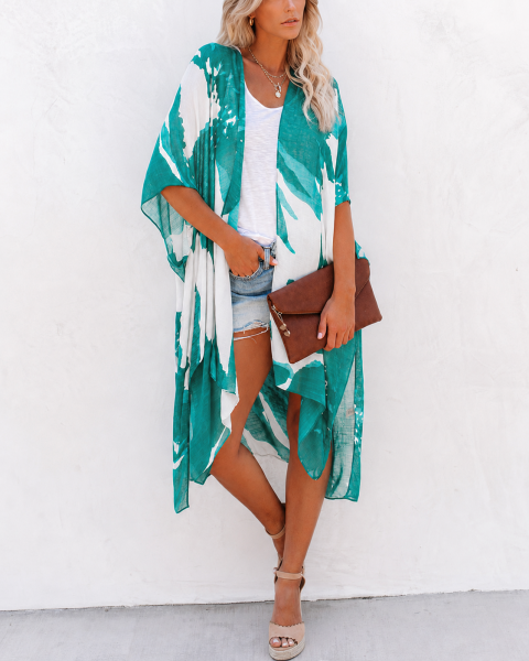 GREEN-WHITE-PRINTED KIMONO