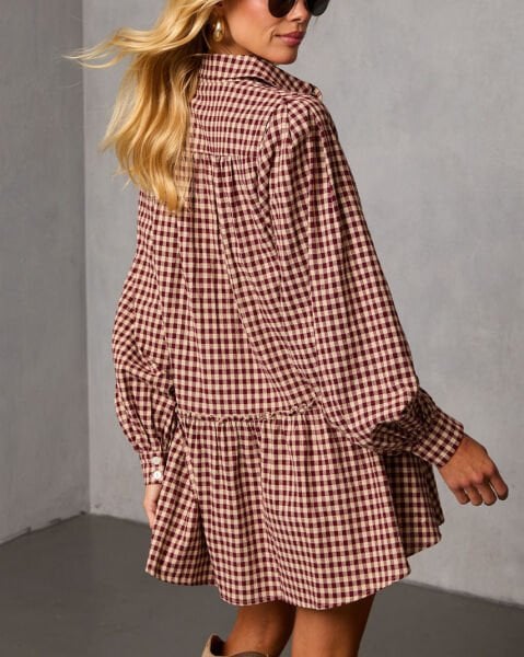 BURGUNDY-ECRU-PLAID DRESS