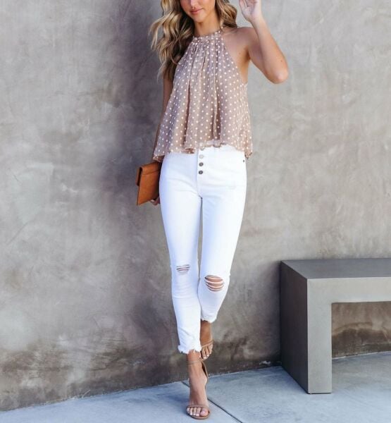 BEIGE-POLKA-DOT BLOUSE