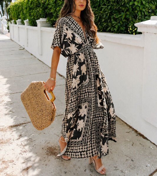 BLACK-ECRU-FLORAL DRESS XL - BLACK-ECRU-FLORAL