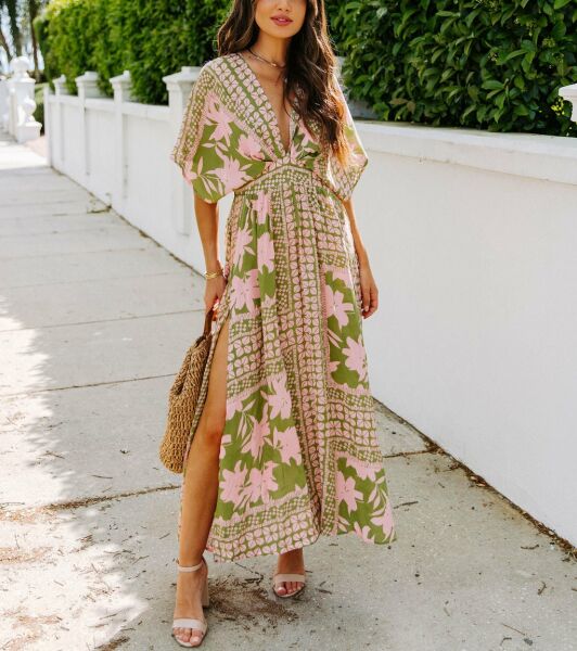 GREEN-PINK-FLORAL DRESS S - GREEN-PINK-FLORAL