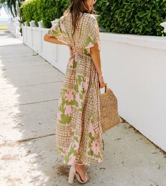 GREEN-PINK-FLORAL DRESS S - GREEN-PINK-FLORAL